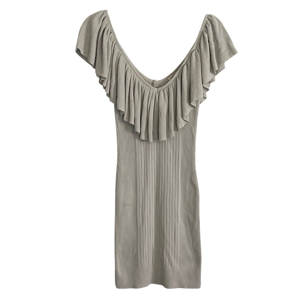 Arden‎ B Sahara Beige Ribbed Knit Ruffle V-Neck Bodycon Mini Dress NWT Size M
